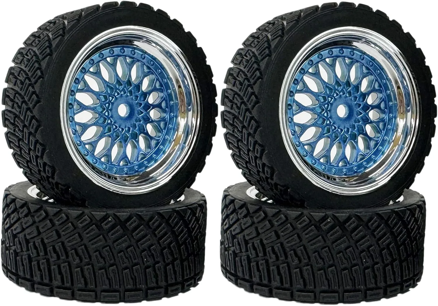 4PCS 65mm RC Rally Car Rubber Tires and Plastic Plating Wheel Rims Set 12mm Hex for 1/10 RC On-Road Rally Drift Racing Car for Tamiya HPI WR8 HSP TT02 WLtoys(Blue Silver)