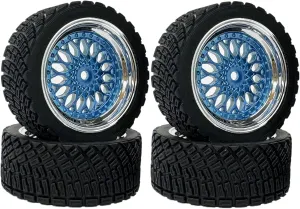 4PCS 65mm RC Rally Car Rubber Tires and Plastic Plating Wheel Rims Set 12mm Hex for 1/10 RC On-Road Rally Drift Racing Car for Tamiya HPI WR8 HSP TT02 WLtoys(Blue Silver)