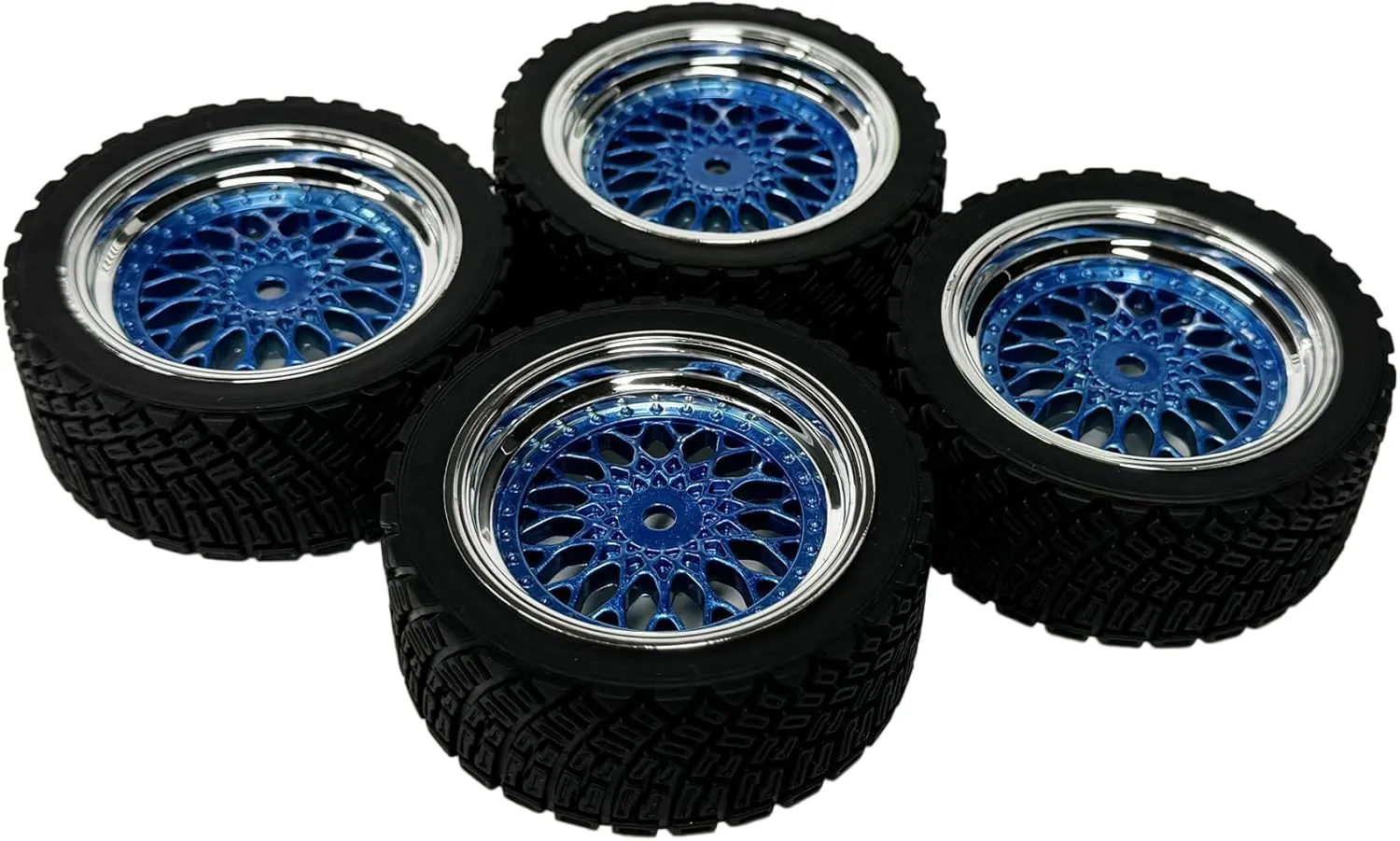 4PCS 65mm RC Rally Car Rubber Tires and Plastic Plating Wheel Rims Set 12mm Hex for 1/10 RC On-Road Rally Drift Racing Car for Tamiya HPI WR8 HSP TT02 WLtoys(Blue Silver)
