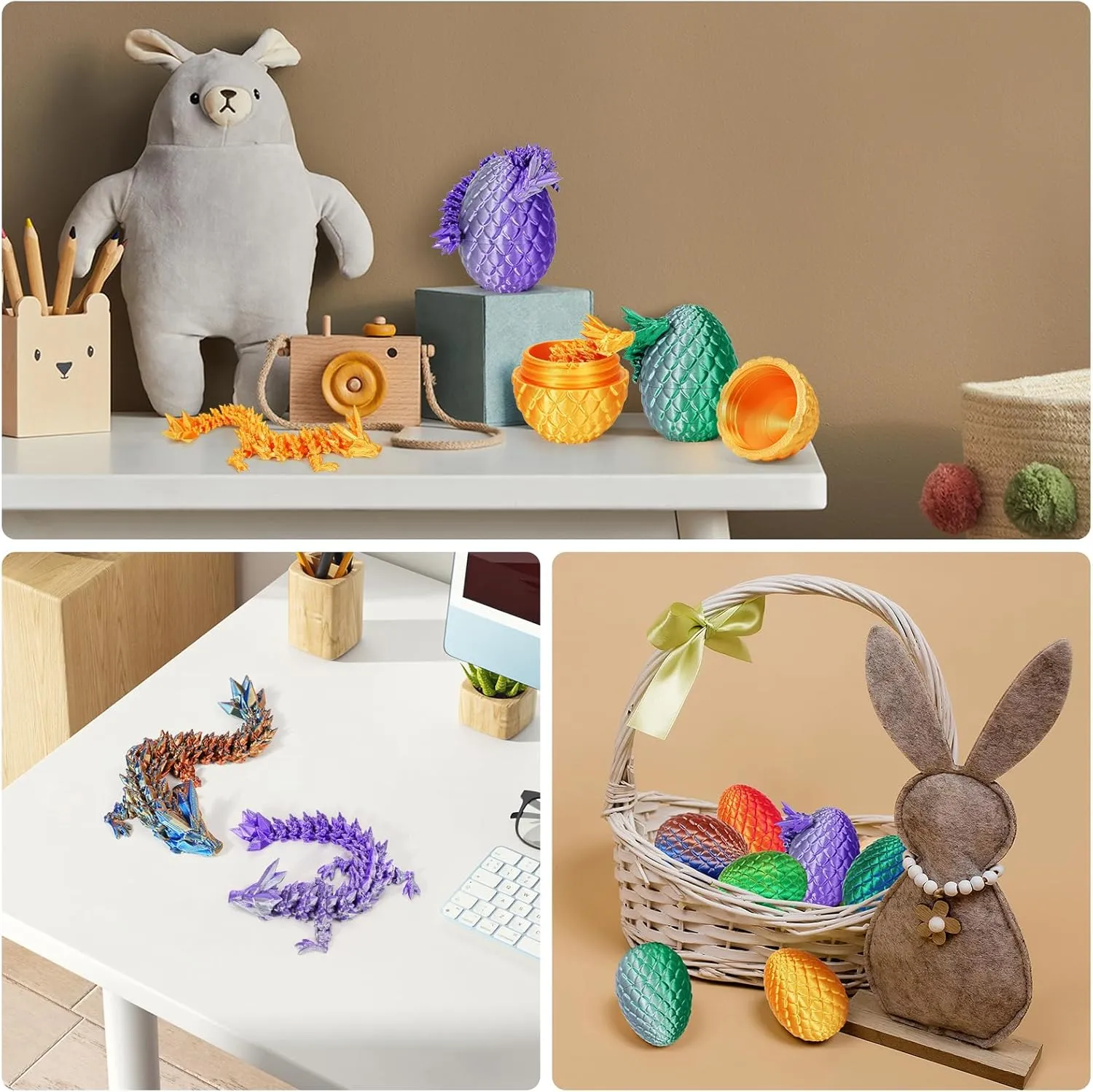 4PCS Dragon Eggs with Dragon Inside Mini Dragon Eggs Set Mystery Dragon Egg Fidget Toy Articulated Dragon 3D Printed Animals Set Mini Articulated Crystal Dragon Toy