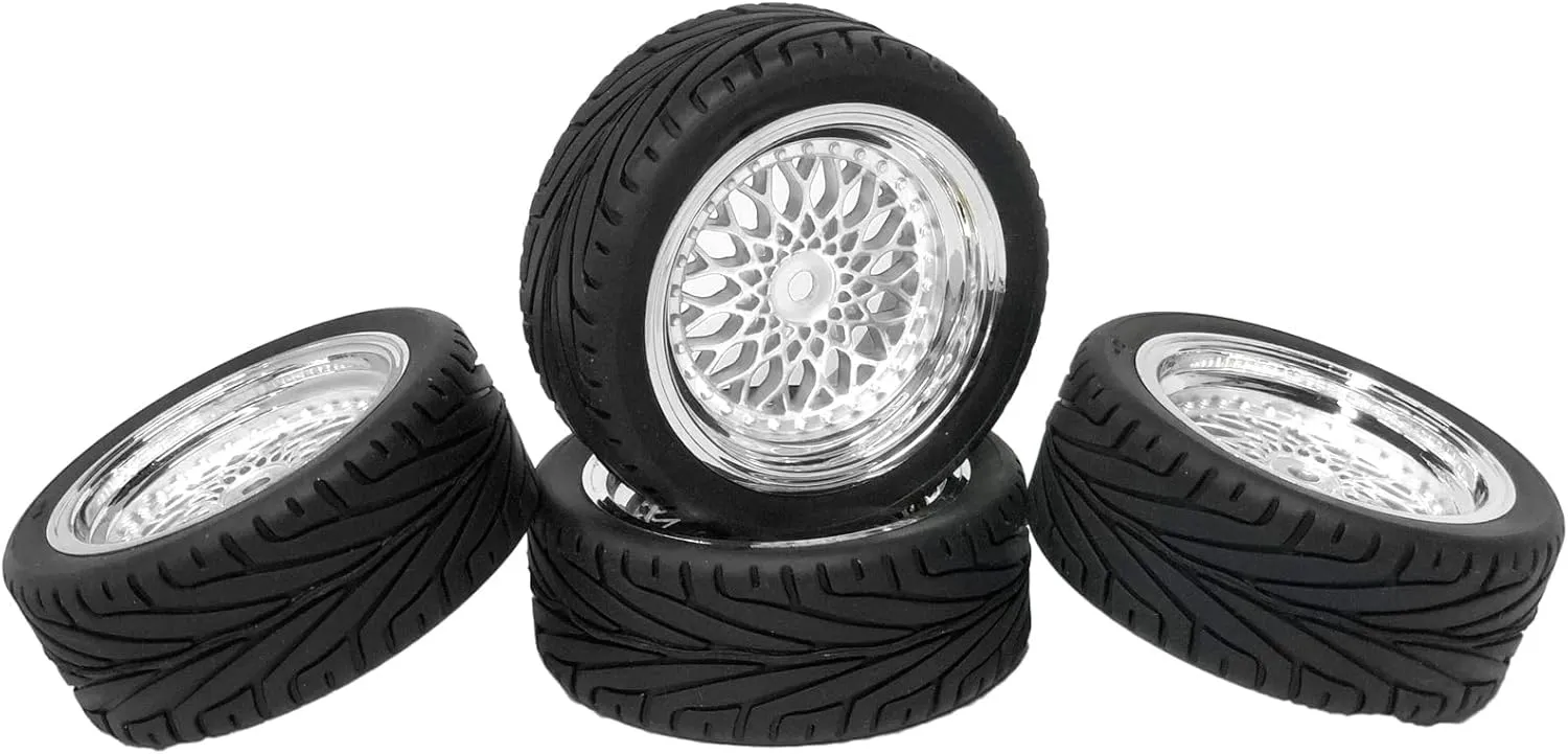 4PCS RC On-Road Car Tyres 65mm Rubber Tire and Plastic Plating Wheel Rims for 1:10 RC Run-flating Racing Touring Car for Tamiya HSP HPI Kyosho(Silver,Offset:6mm)