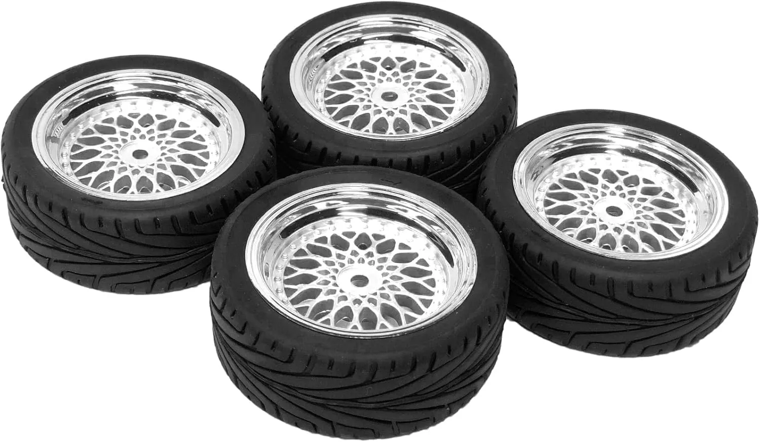 4PCS RC On-Road Car Tyres 65mm Rubber Tire and Plastic Plating Wheel Rims for 1:10 RC Run-flating Racing Touring Car for Tamiya HSP HPI Kyosho(Silver,Offset:6mm)