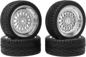 4PCS RC On-Road Car Tyres 65mm Rubber Tire and Plastic Plating Wheel Rims for 1:10 RC Run-flating Racing Touring Car for Tamiya HSP HPI Kyosho(Silver,Offset:6mm)