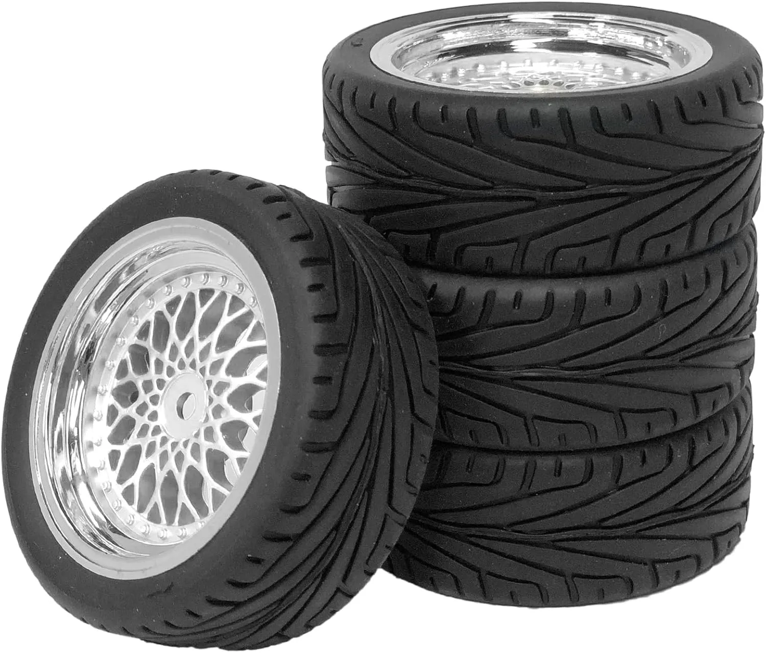 4PCS RC On-Road Car Tyres 65mm Rubber Tire and Plastic Plating Wheel Rims for 1:10 RC Run-flating Racing Touring Car for Tamiya HSP HPI Kyosho(Silver,Offset:6mm)