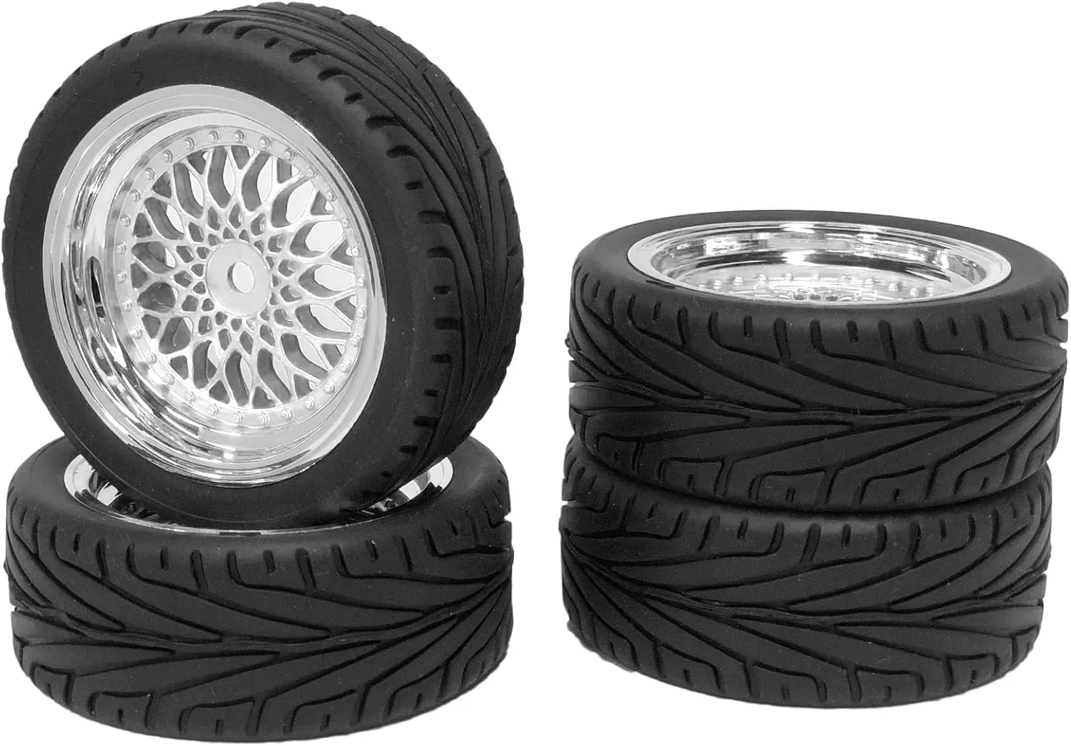 4PCS RC On-Road Car Tyres 65mm Rubber Tire and Plastic Plating Wheel Rims for 1:10 RC Run-flating Racing Touring Car for Tamiya HSP HPI Kyosho(Silver,Offset:6mm)