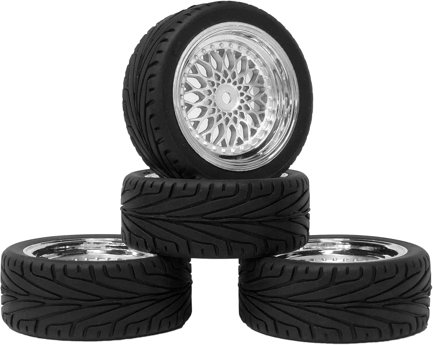 4PCS RC On-Road Car Tyres 65mm Rubber Tire and Plastic Plating Wheel Rims for 1:10 RC Run-flating Racing Touring Car for Tamiya HSP HPI Kyosho(Silver,Offset:6mm)