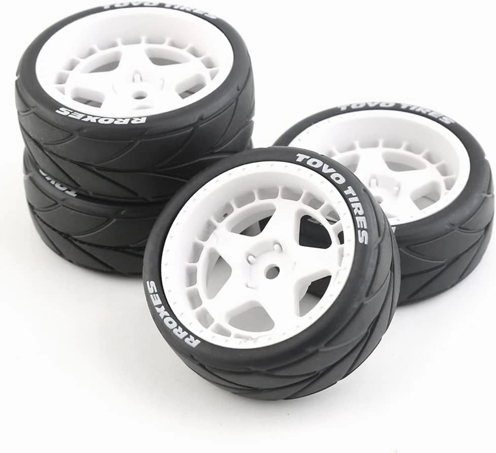 4PCS RC 1/10 On-Road Tires 65mm RC Rubber Tires w/Plastic Wheel Rim 12mm Hex Fit for 1/10 RC On-Road Rally Car HPI Tamiya TT01 TT02 Kyosho Wltoys 144001
