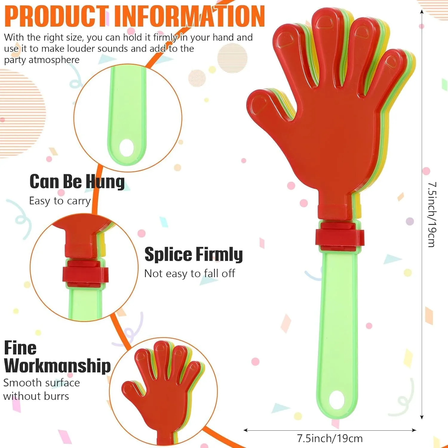 50 Pcs Colorful Hand Clappers 7.5 Inch Clappers Noisemakers Noise Makers Party Favors Plastic Clapper Sporting Events Cheers Ball Dance Basketball Football Noisemakers （Colorful）
