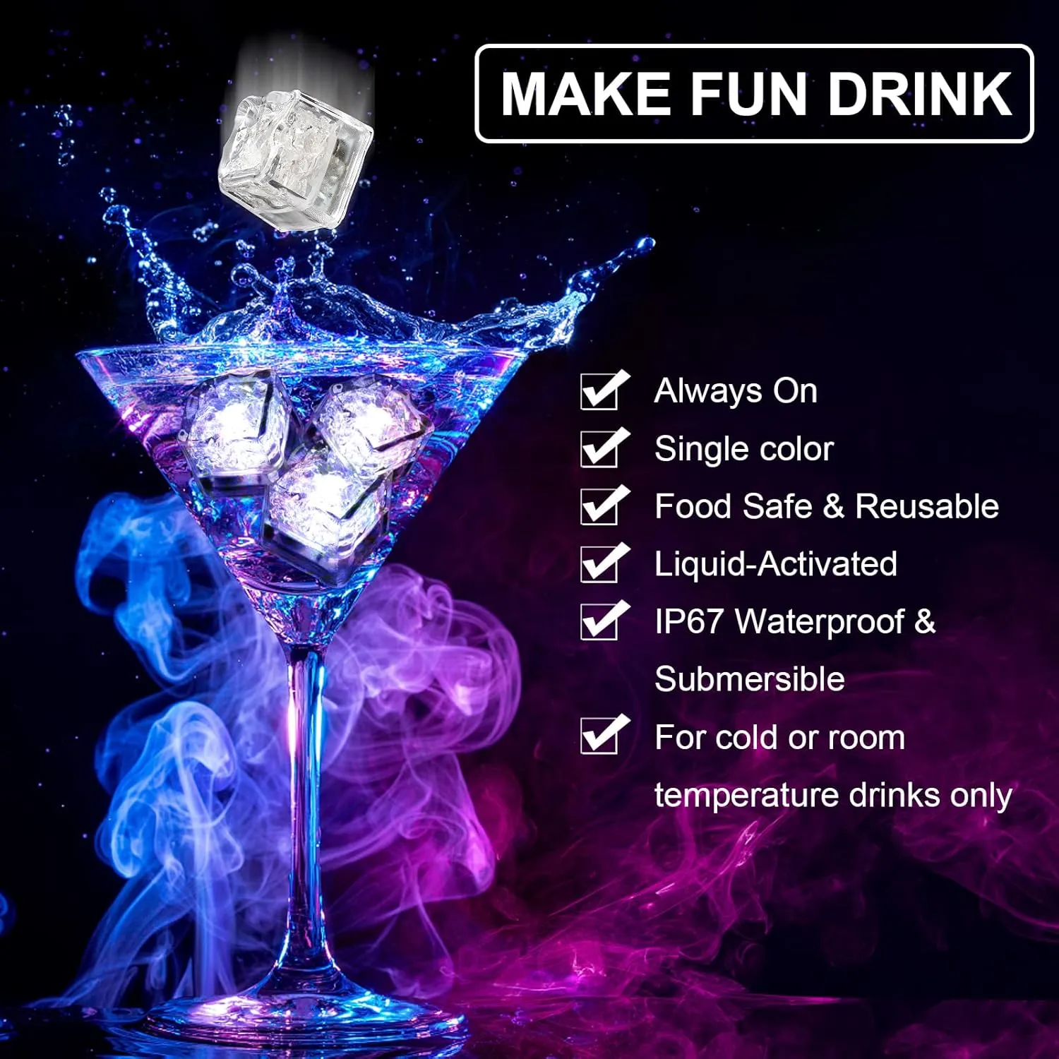 500 Pack Light Up Ice Cubes Bulk, White LED Ice Cubes for Drinks, Waterproof Flashing Glow in the Dark LED Drink Lights for Bar Club Wedding Party Decor