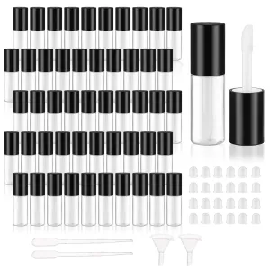 50Pcs 3ml Empty Lip Gloss Tubes with Brush Refillable Cute Lip Balm Bottles Bulk Transparent Cosmetic Sample Containers for DIY Lipstick Eyelash Growth Liquid,Black Cap