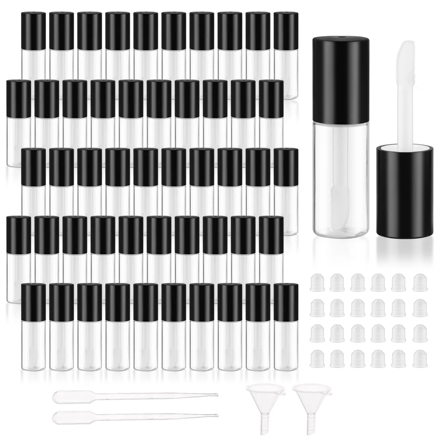 50Pcs 3ml Empty Lip Gloss Tubes with Brush Refillable Cute Lip Balm Bottles Bulk Transparent Cosmetic Sample Containers for DIY Lipstick Eyelash Growth Liquid,Black Cap