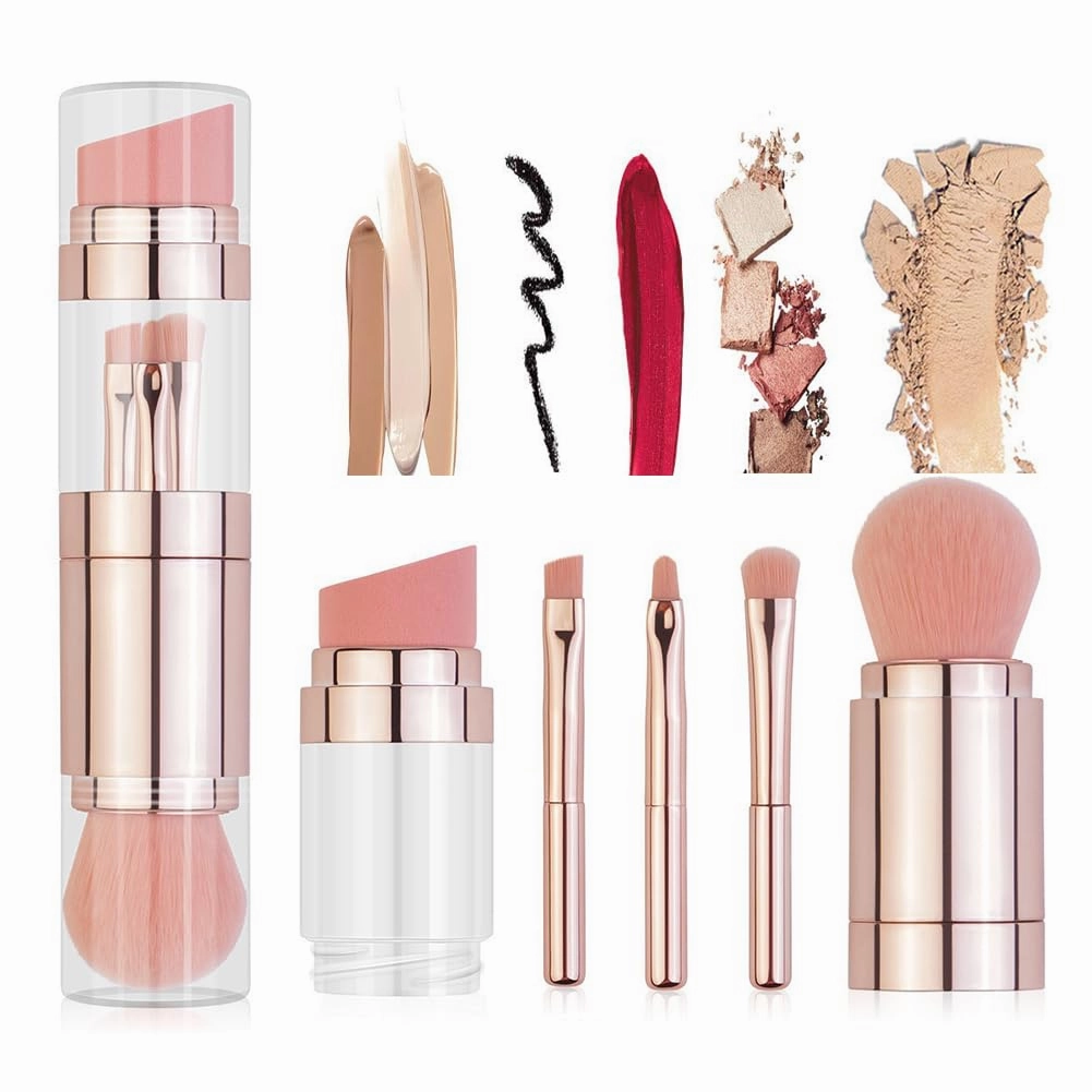 5 in 1 Travel Makeup Brushes Set, Portable Cosmestic Brushes Tool Foundation Sponge Blush Brush Eyeshadow Eyebrow Lip Makeup Brushes