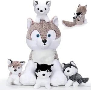 5PCS Wolf Plush Toys - 13.4 Inch Wolf Mom with Little Mini Babies Stuffed Animal Plush Huggable Cuddly Fluffly Wolf Plushie Family Set Easter Gifts for Girls Boys