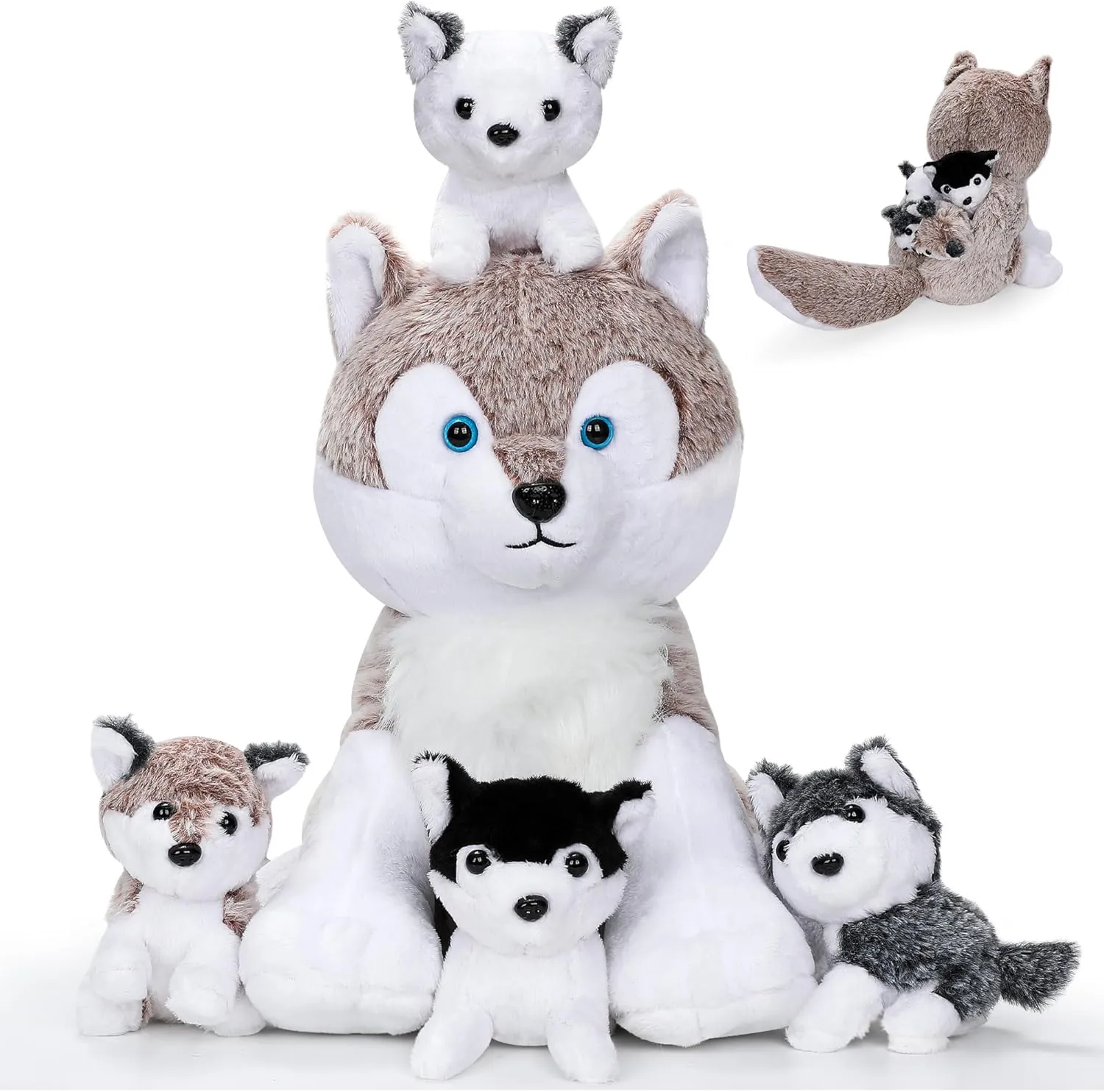 5PCS Wolf Plush Toys - 13.4 Inch Wolf Mom with Little Mini Babies Stuffed Animal Plush Huggable Cuddly Fluffly Wolf Plushie Family Set Easter Gifts for Girls Boys