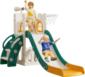6 in 1 Toddler Slide,Kids Climber Slider for Indoor Outdoor Playground with Basketball Hoop,Storage and Telescope,L Shaped Slide for Toddler Climber Playset