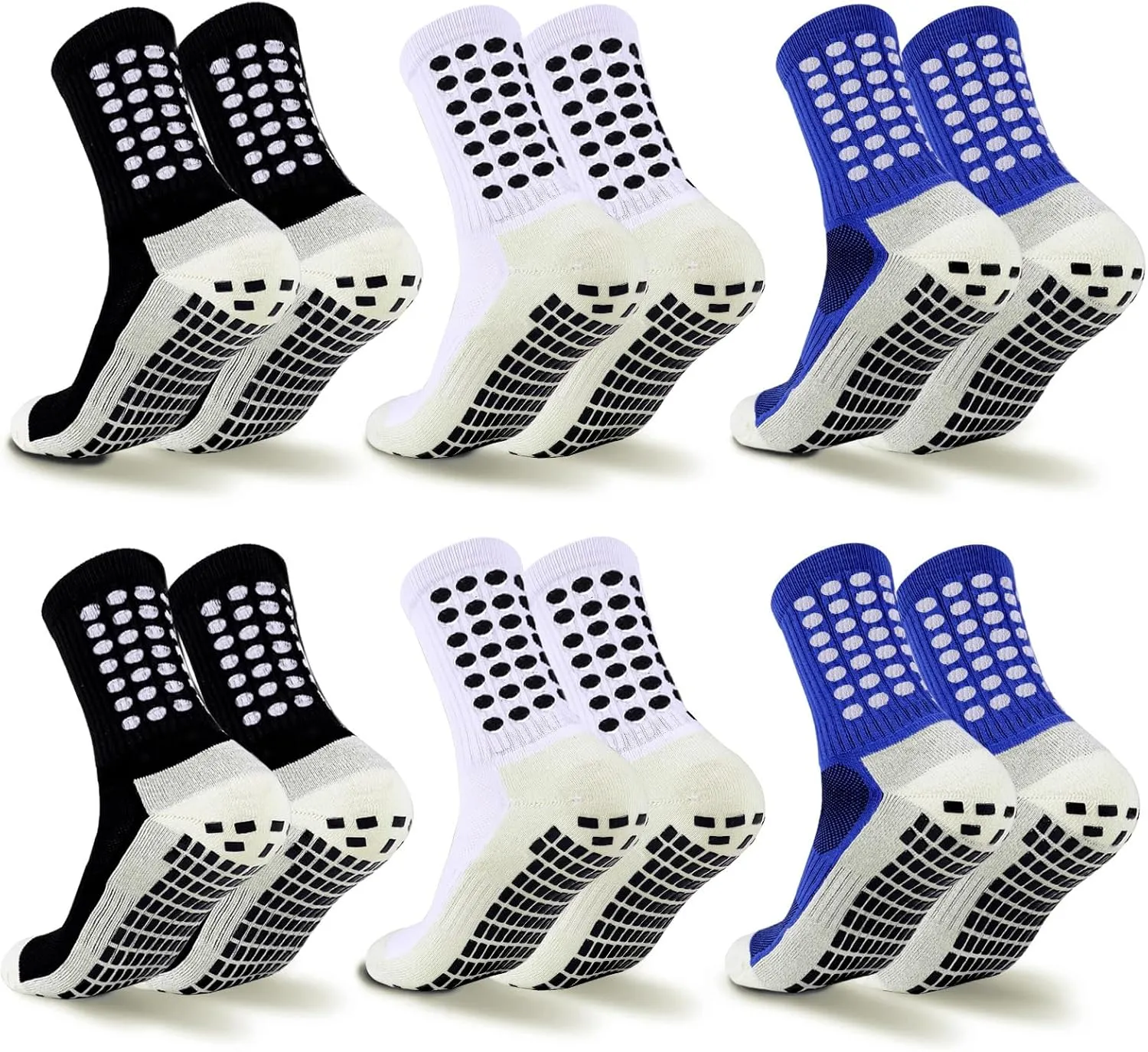6 Pairs Grip Soccer Socks Colorful Non Slip Sports Football Basketball Hospital Yoga Socks for Men Women(6 Pairs, 2Black   2White   2Blue-1)