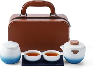 6 Piece Mini Tea Cup Set Pottery Travel Tea Set with Leather Bag Chinese Gongfu Tea Set Suitable for Office Picnic Home