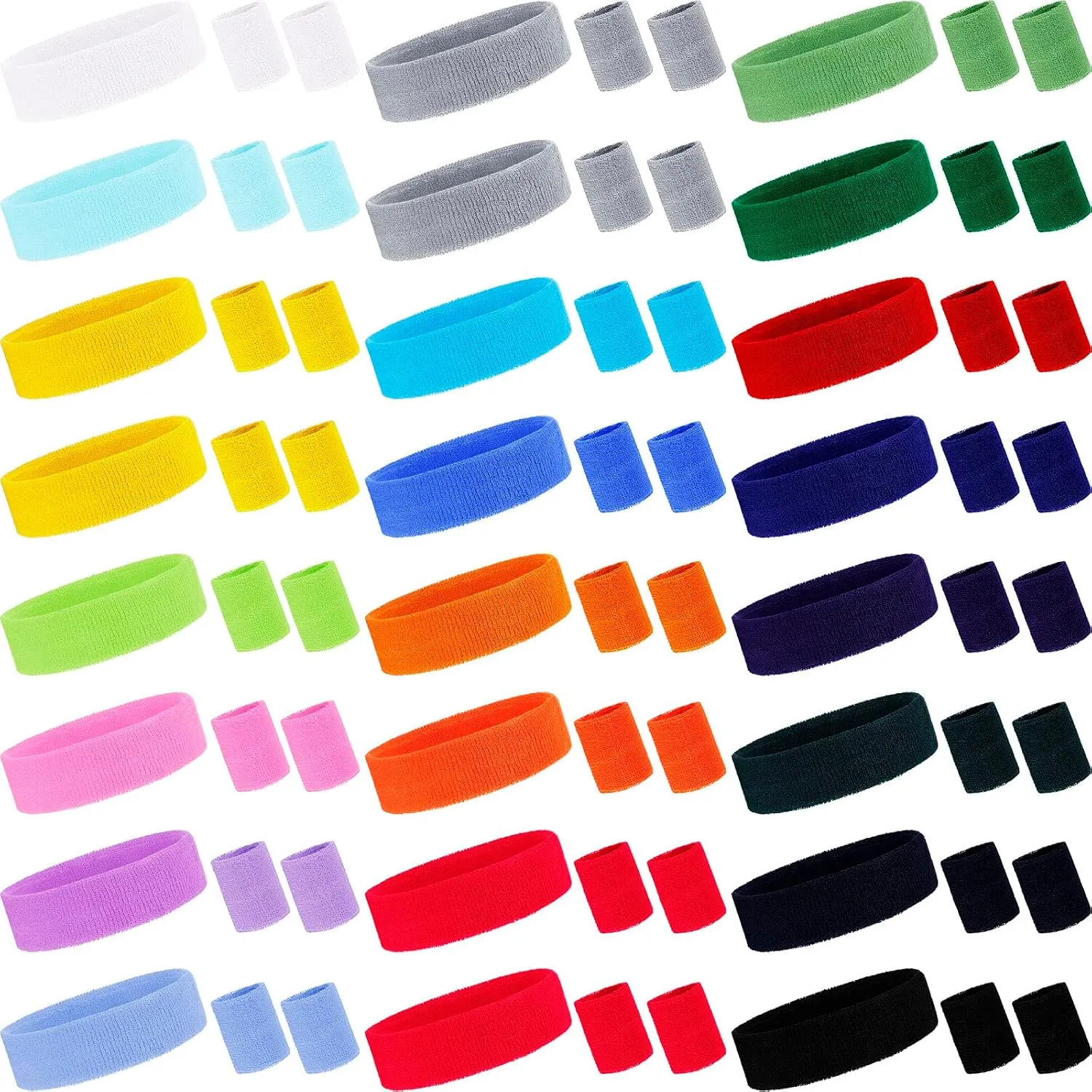 72 Pieces Sweatbands Set Including 24 Pcs Sports Headbands and 48 pcs Wristbands Cotton Sweat Band Colorful Cotton Sweatband Set for Men and Women