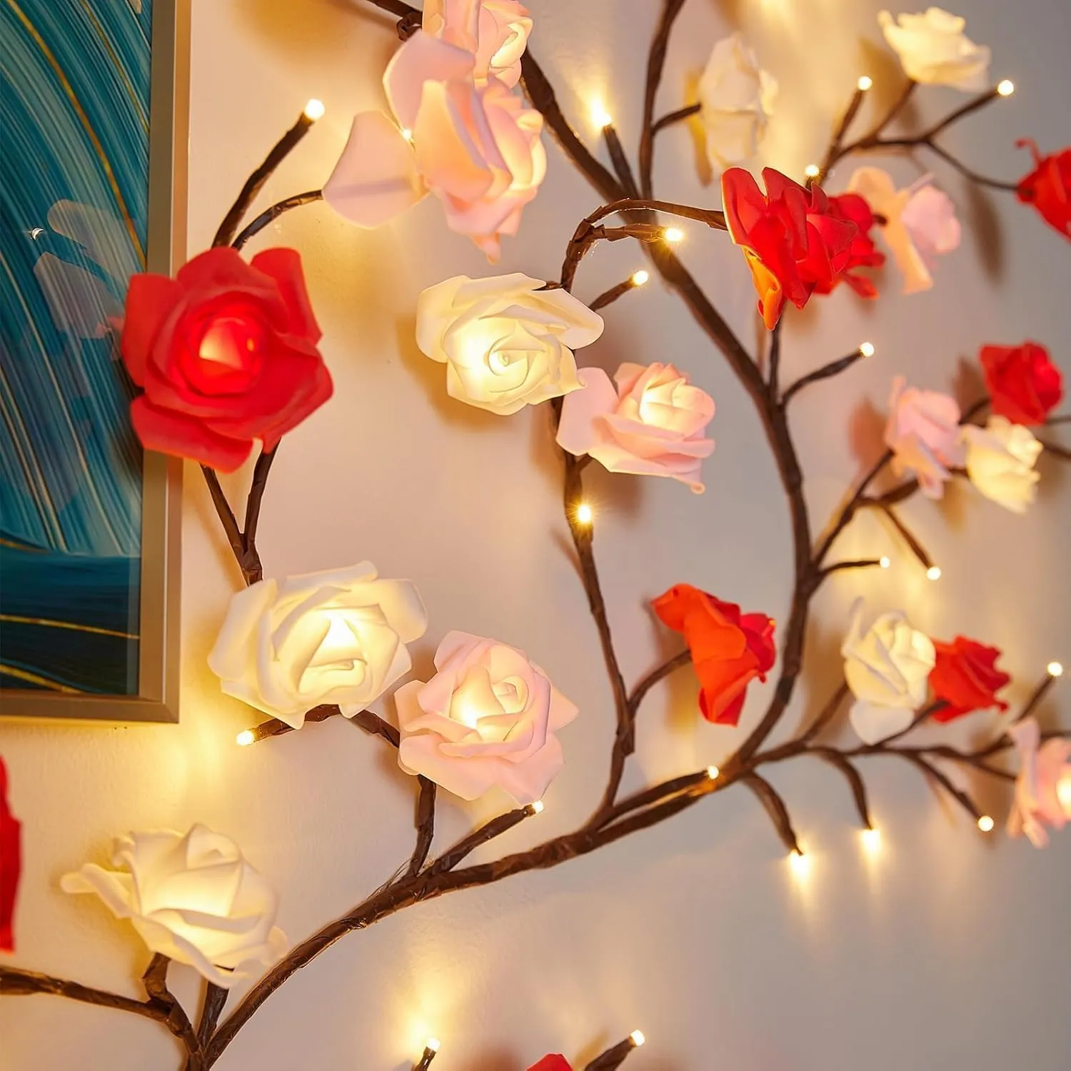 7.55 FT 144 LED Rose Tree Branch Lights for Wall,8 Modes Artificial Rose Tree Lights with Remote and Timer,Flower Fairy Vine Light for Bedroom,Indoor LED Landscape Decor