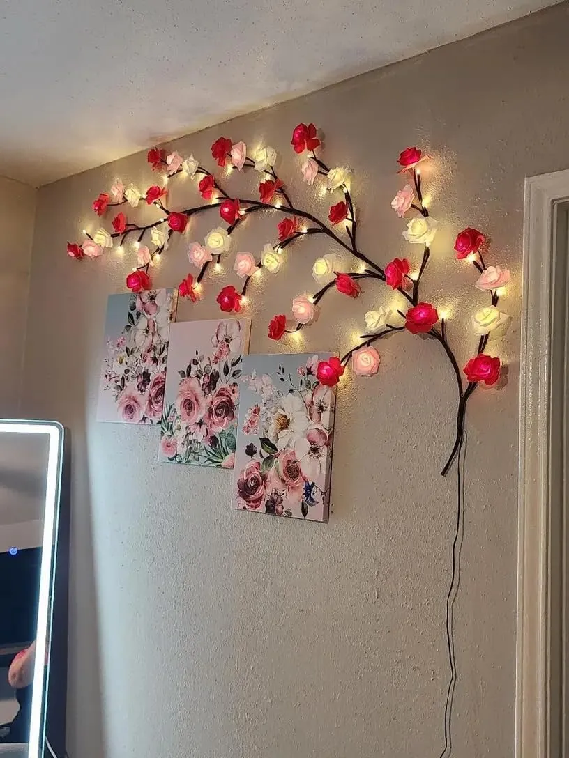 7.55 FT 144 LED Rose Tree Branch Lights for Wall,8 Modes Artificial Rose Tree Lights with Remote and Timer,Flower Fairy Vine Light for Bedroom,Indoor LED Landscape Decor