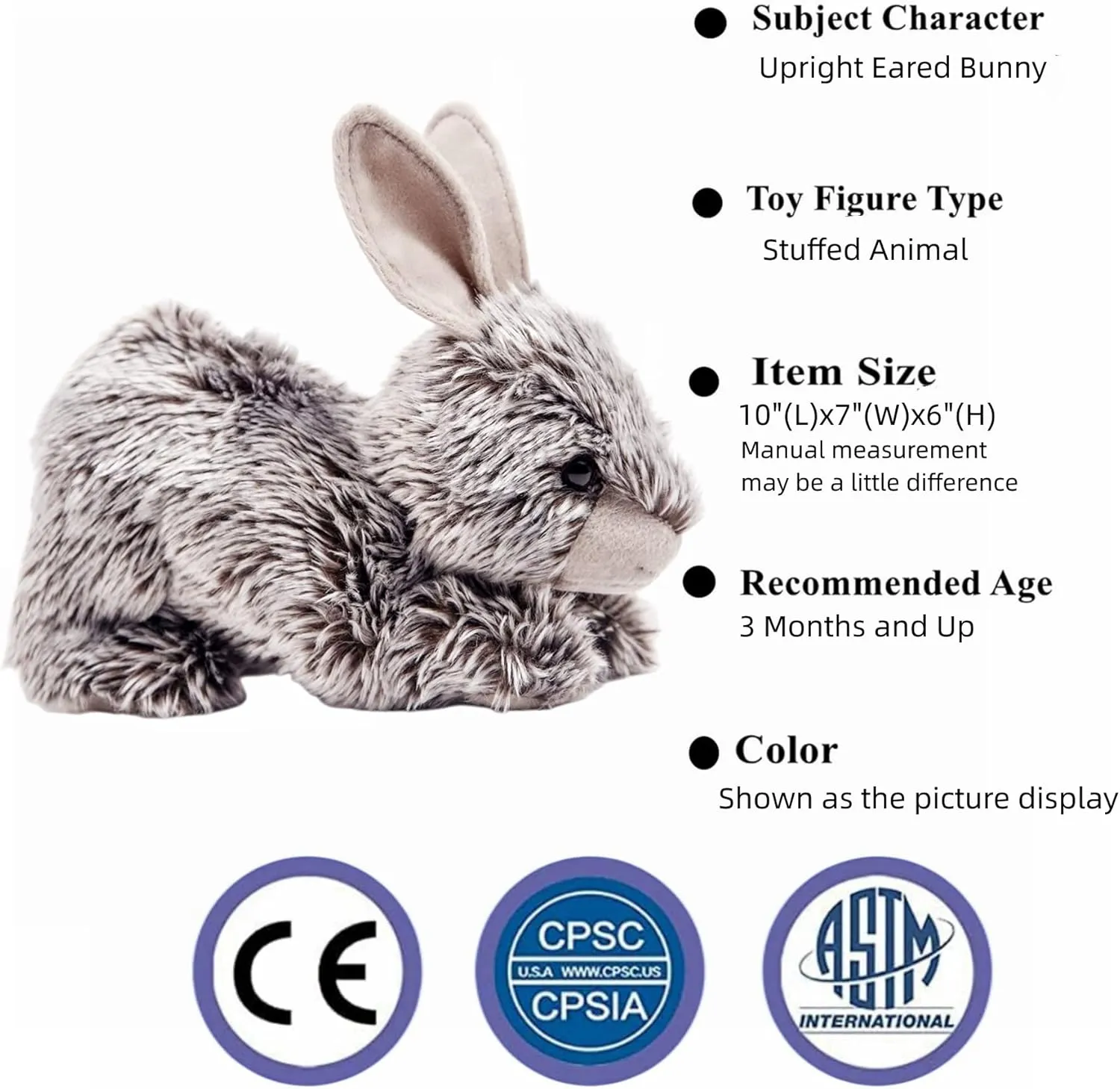9.5" Gray Rabbit Plush Toy, Stuffed Animal Plush Bunny for Kids and Adults, Ages 3 and Up