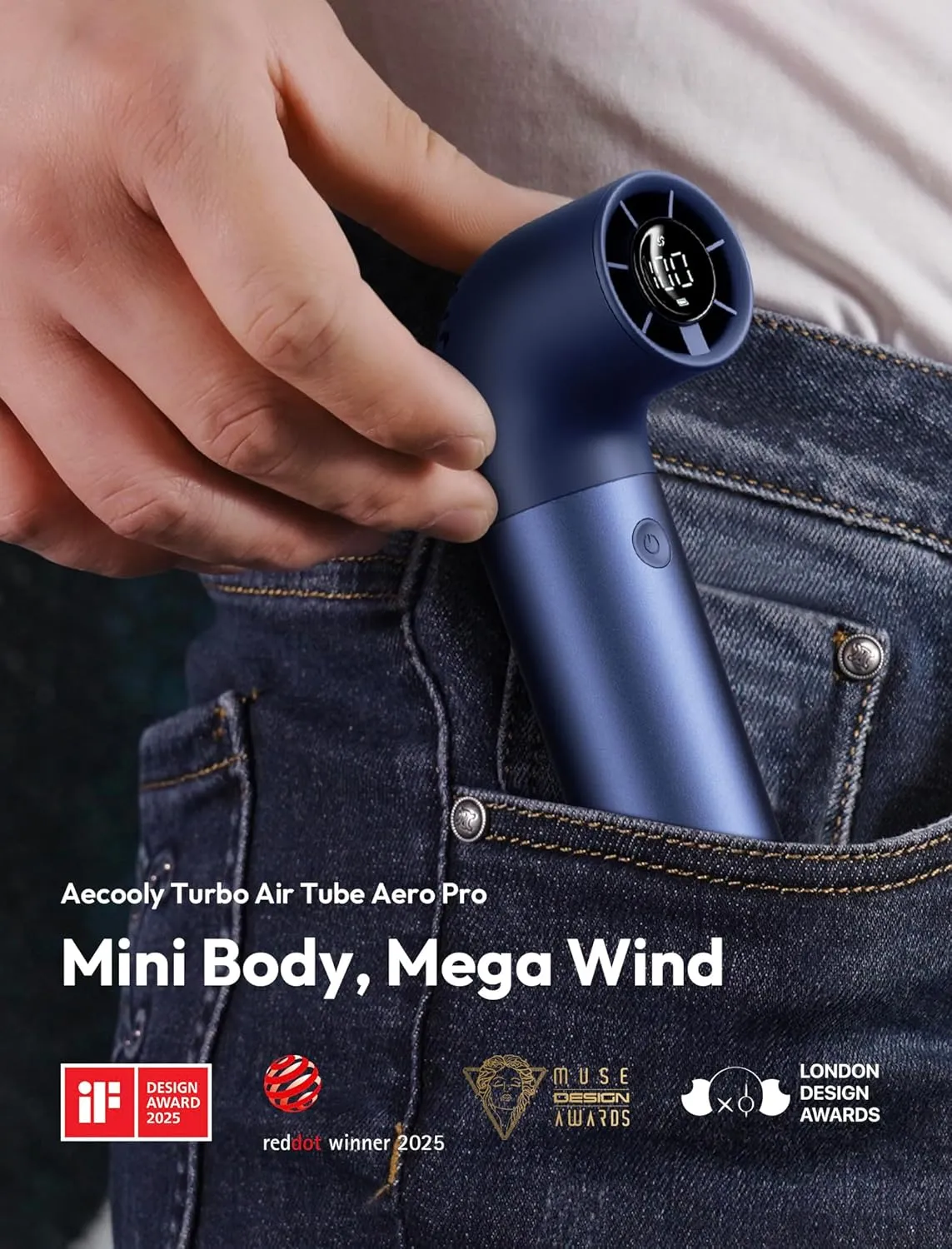 Aecooly Portable Handheld Fan, Powerful Turbo Air Tube Fan, 19000 RPM High Speed Aero Pro, 15H Max Cooling Time, 6 Speeds Aluminum Case, Mini Pocket Design, for Travel Beach Outdoor Activities -Blue