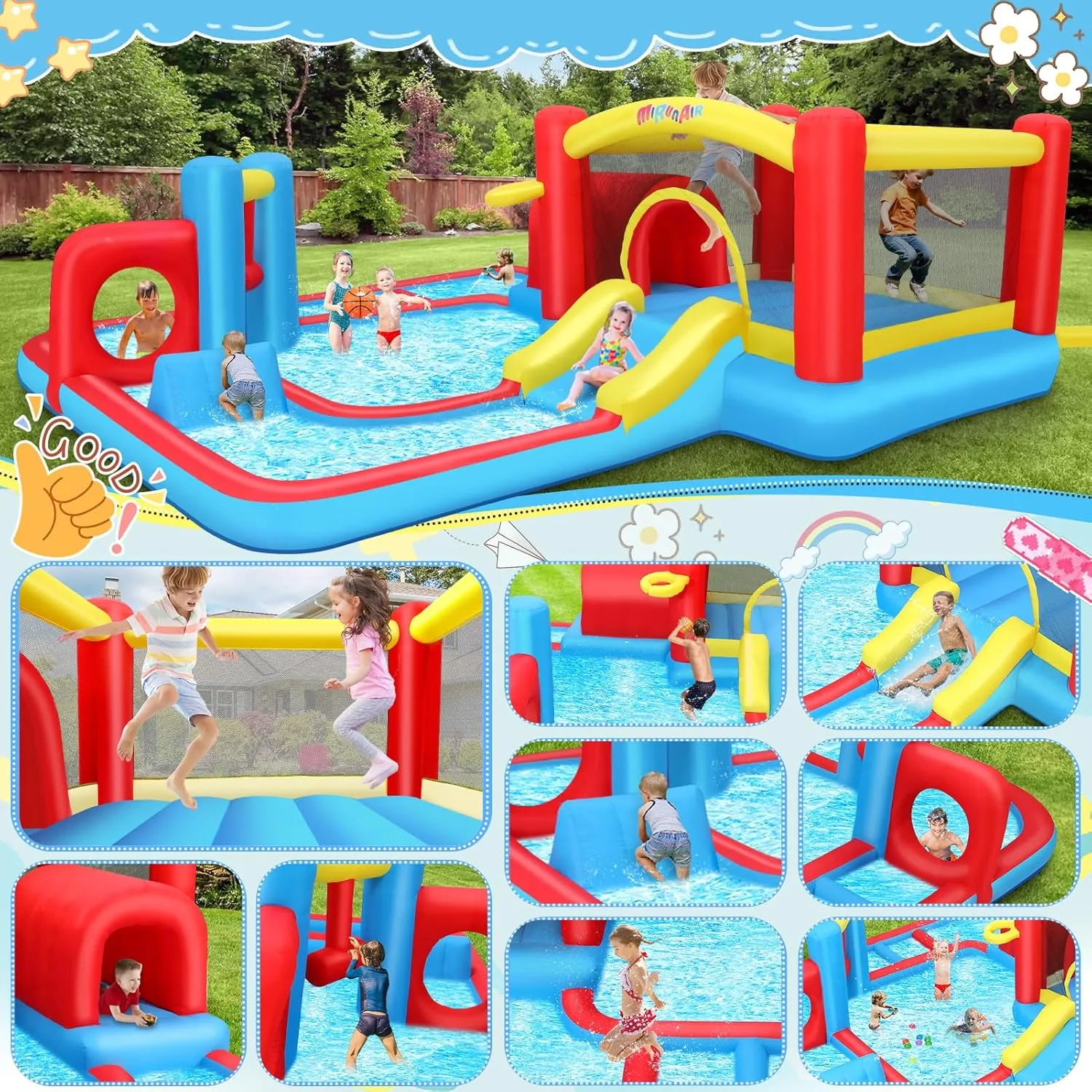 AKEYDIY Inflatable Bounce House 9 in 1 Maze Water Park with Divided Splash Pool, Tunnel, Jump Area, Basketball Hoop, Obstacle & 520W Blower for Outdoor Backyard (Maze, NO Balls)