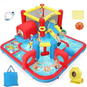 AKEYDIY Inflatable Bounce House 9 in 1 Maze Water Park with Divided Splash Pool, Tunnel, Jump Area, Basketball Hoop, Obstacle & 520W Blower for Outdoor Backyard (Maze, NO Balls)