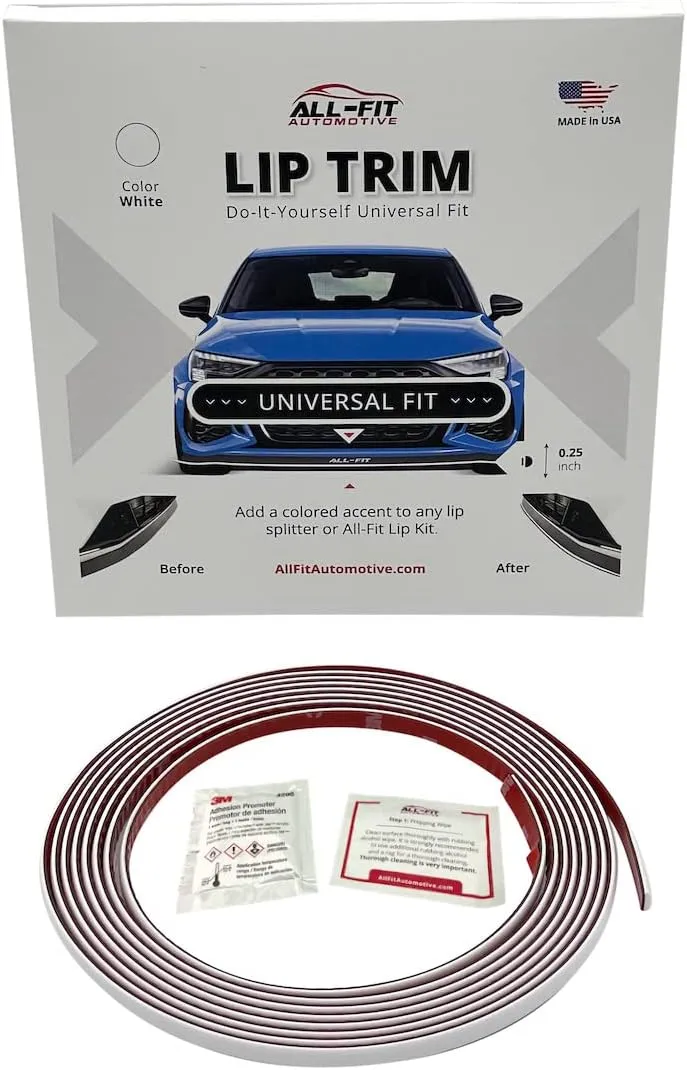 All-Fit Automotive Lip Trim – Universal Fit for Style & Protection – Durable Accent for Splitters, Air Dams, & Spoilers – Easy-to-Install Automotive Exterior Accessories (¼” W x 10’ L, White)