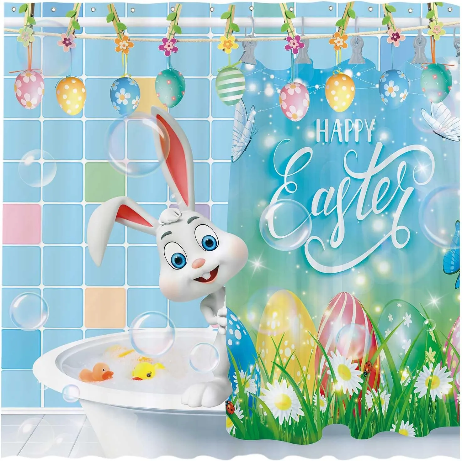 Allenjoy 72" x 72" Funny Bunny Easter Shower Curtain Art Cute Rabbit Spring Holiday Home Bathtubs Bathroom Curtain Decoration Washable Durable Polyester Fabric (Hooks Not Included)