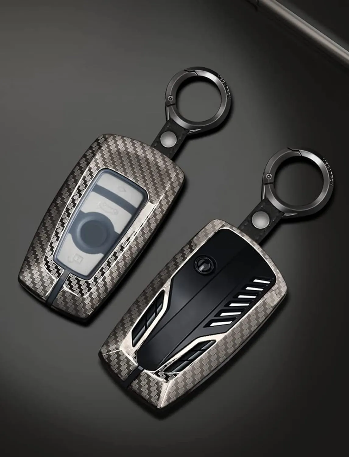 Alloy Car Key Case Rings Cover Holder for BMW 1 3 5 7 Series 530 F48 X1 X2 X3 X4 X5 X6 Classic Engine Head Concept (B Style Carbon Fiber)