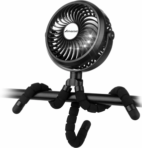 AMACOOL Battery Operated Stroller Fan Flexible Tripod Clip On Fan with 3 Speeds and Rotatable Handheld Personal Fans for Car Seat Crib Bike Treadmill (Black)
