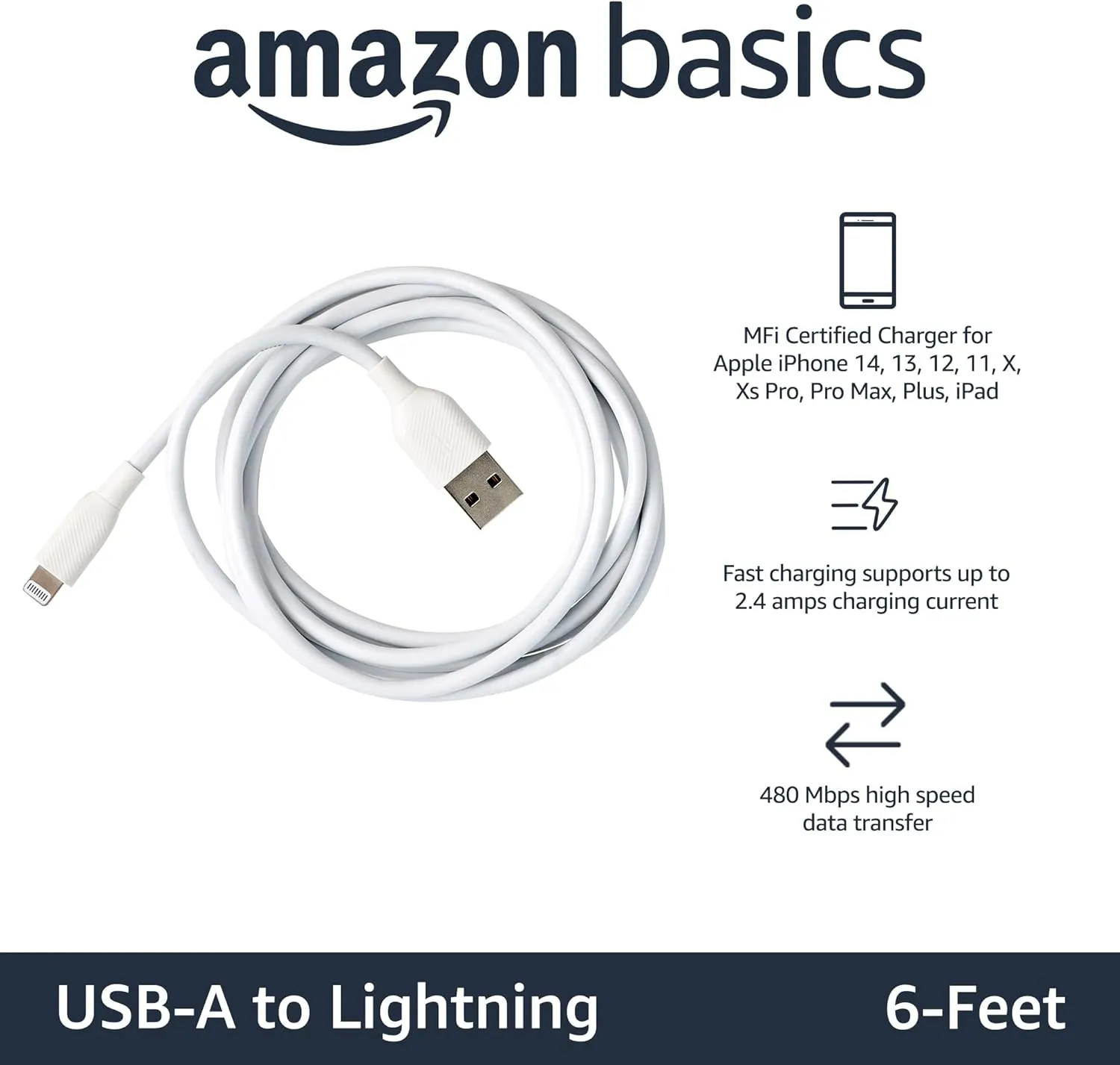 Amazon Basics 2-Pack Fast Charging USB-A to Lightning ABS Durable Charger Cable, MFi Certified for Apple iPhone Charging, iPhone 14 13 12 11 X Xs Pro, Pro Max, Plus, iPad, 6 Foot Length, White