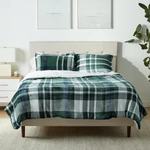 Amazon Basics 3 Piece Bedding Set, Micromink Sherpa, Ultra-Soft, Warm All Season Comforter, Full/Queen, Green Plaid