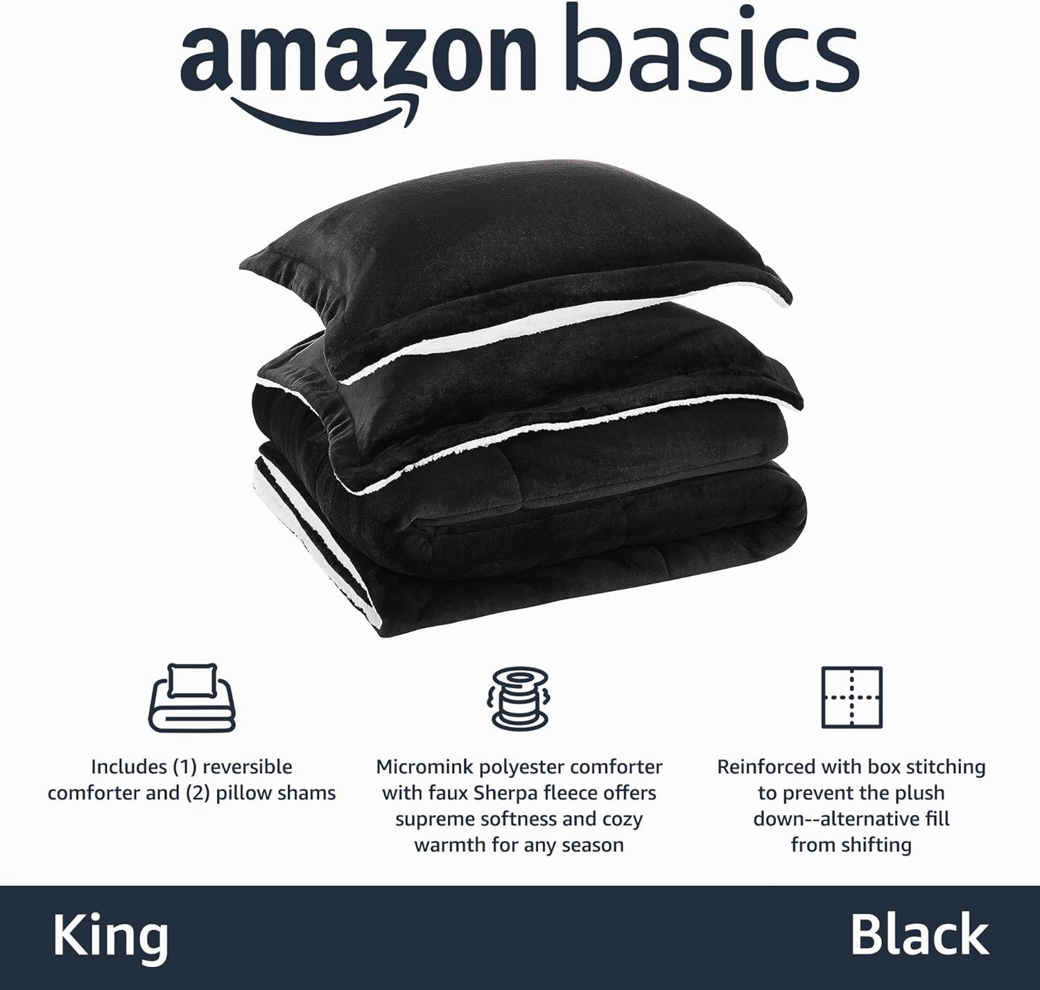 Amazon Basics 3 Piece Bedding Set, Micromink Sherpa, Ultra-Soft, Warm All Season Comforter, King, Black, Solid