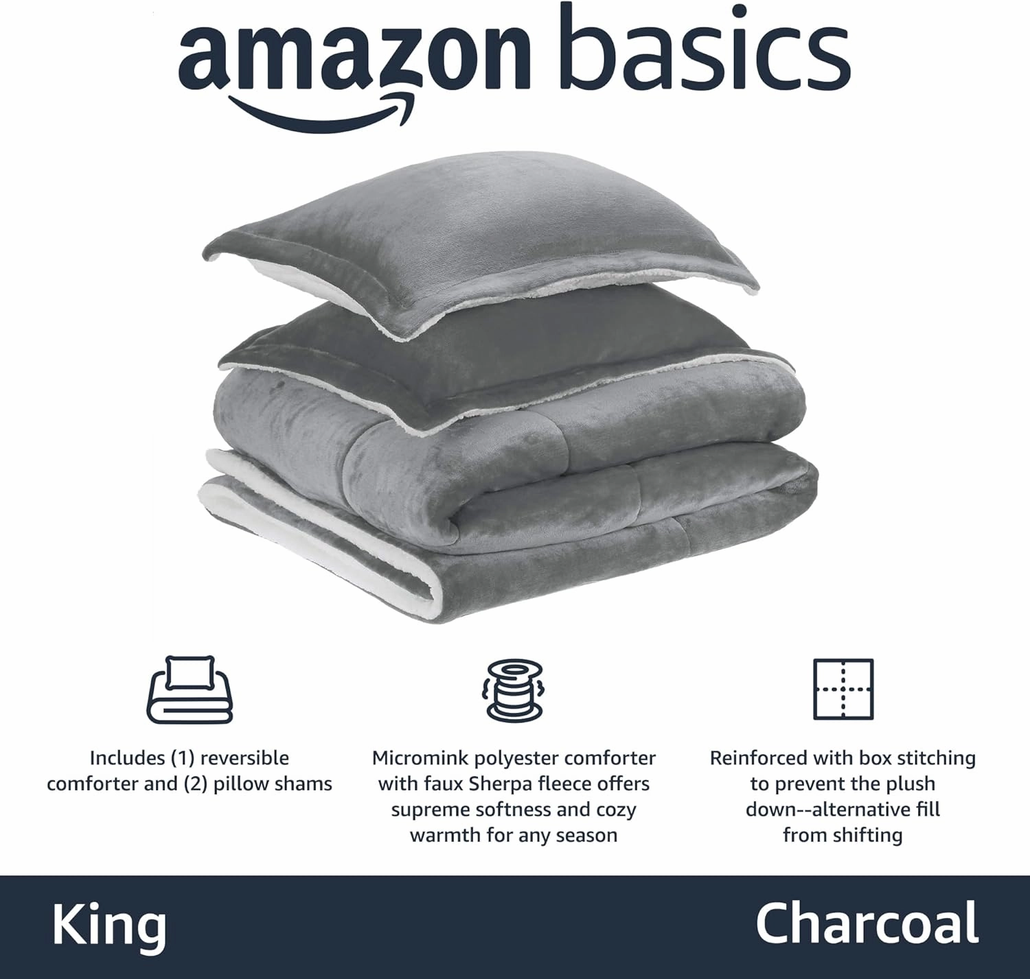 Amazon Basics 3 Piece Bedding Set, Micromink Sherpa, Ultra-Soft, Warm All Season Comforter, King, Charcoal, Solid
