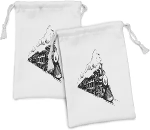 Ambesonne Railroad Fabric Pouch Set of 2, Steaming Locomotive with Monotone Sketch Illustration Old Train Design, Small Drawstring Bag for Toiletries Masks and Favors, 9" x 6", Charcoal Grey White