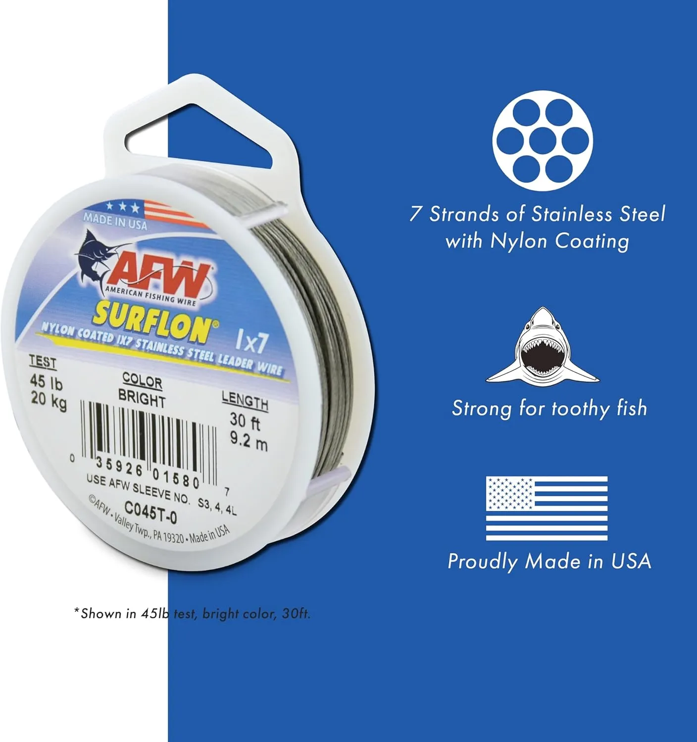 American Fishing Wire Surflon Nylon Coated 1x7 Stainless Steel Leader Wire - Fishing Leader Line for Saltwater, 10lb Test - 250lb Test in Bright, Black, Camo in 30ft, 100ft, 300ft and 1,000ft Lengths