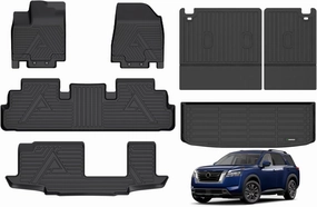 ANBINGO® Floor Mats & SeatBack Cargo Liner | Pathfinder 2022-2025 8 Passenger | 2nd Row with Bench Seat | (Velcro Tape Fixed Backseat) TPE 3 Rows Car Mat Waterproof, Accessories