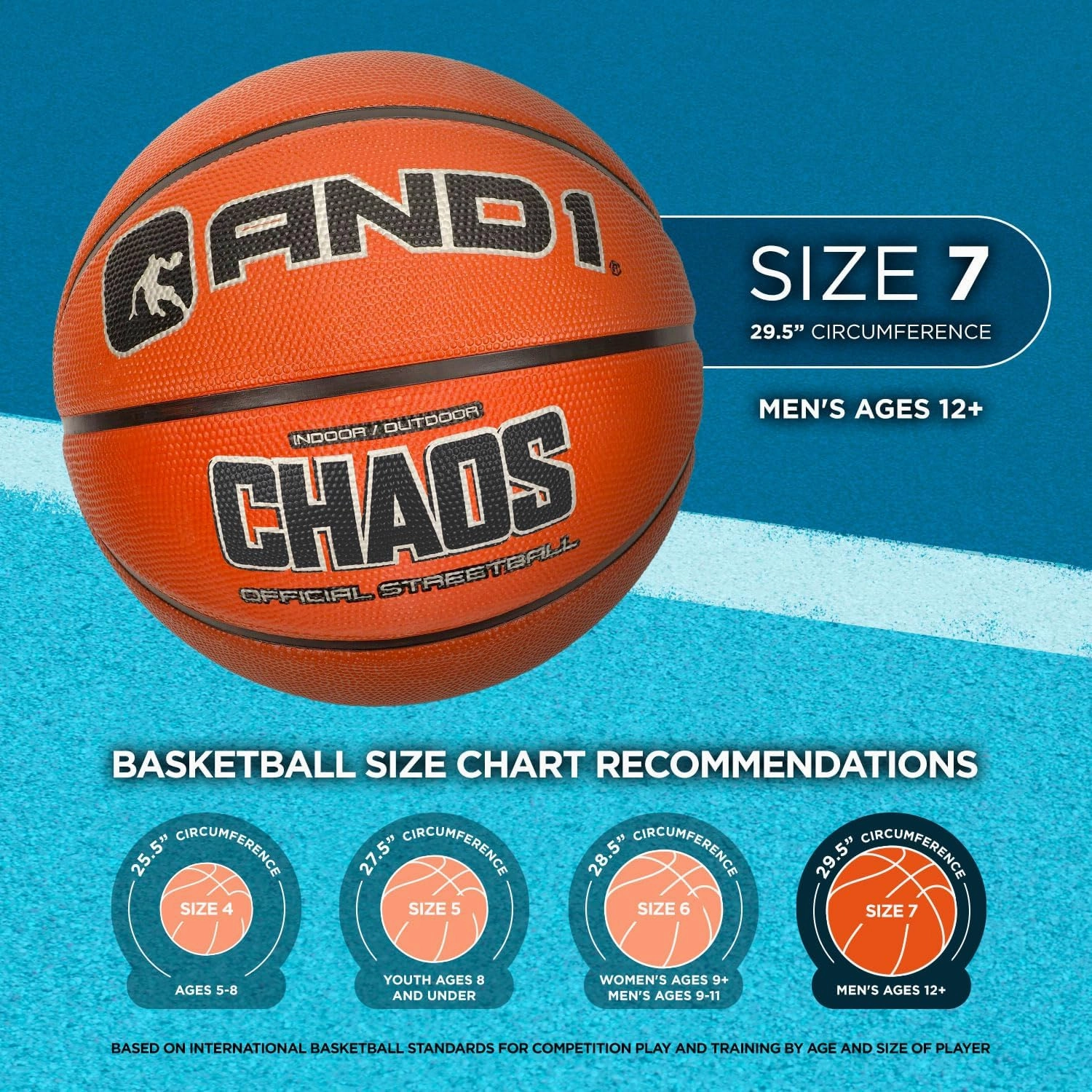 AND1 Xcelerate Rubber Basketball: Official Regulation Size 7 (29.5") - Deep Channel Construction Streetball, Made for Indoor Outdoor
