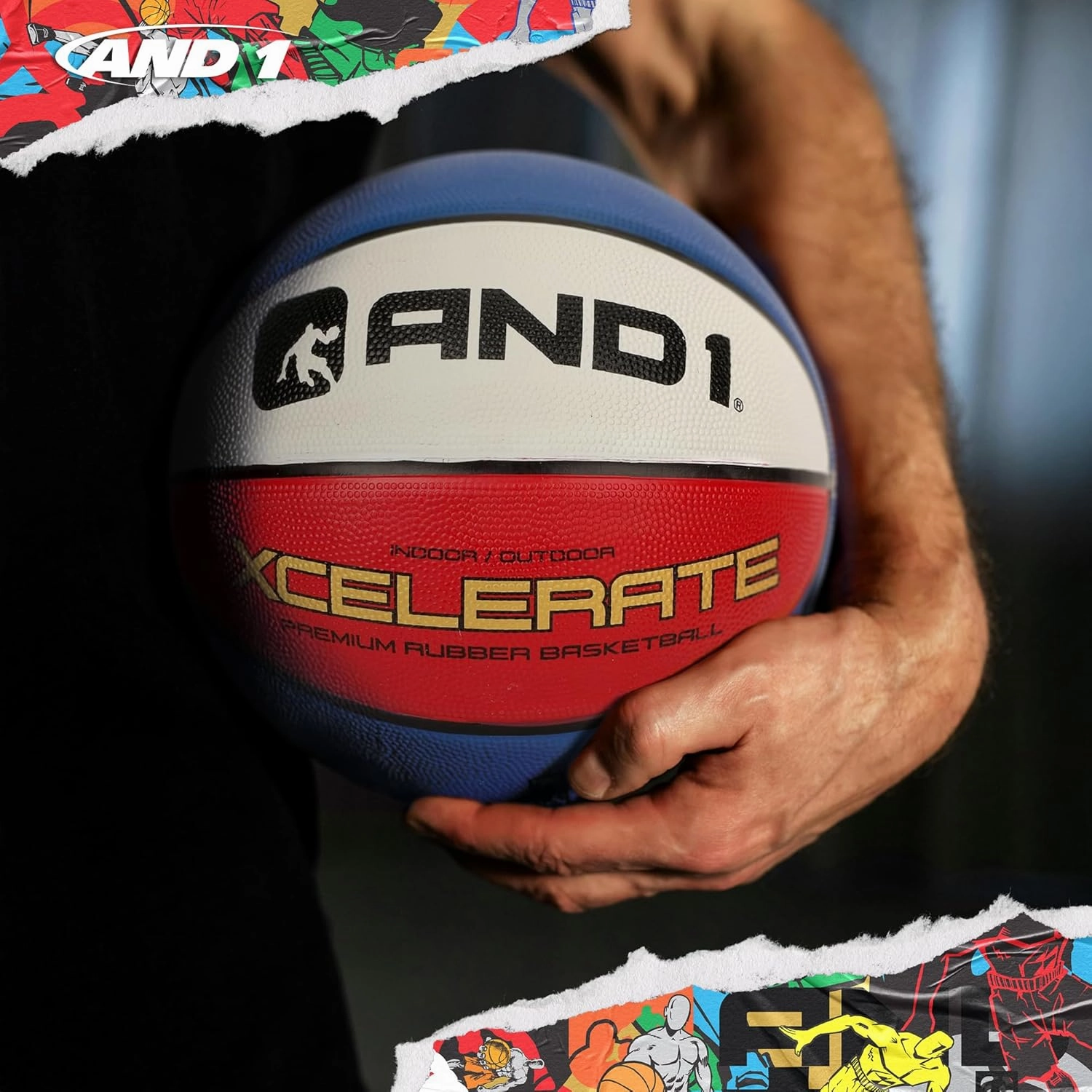 AND1 Xcelerate Rubber Basketball: Official Regulation Size 7 (29.5") - Deep Channel Construction Streetball, Made for Indoor Outdoor