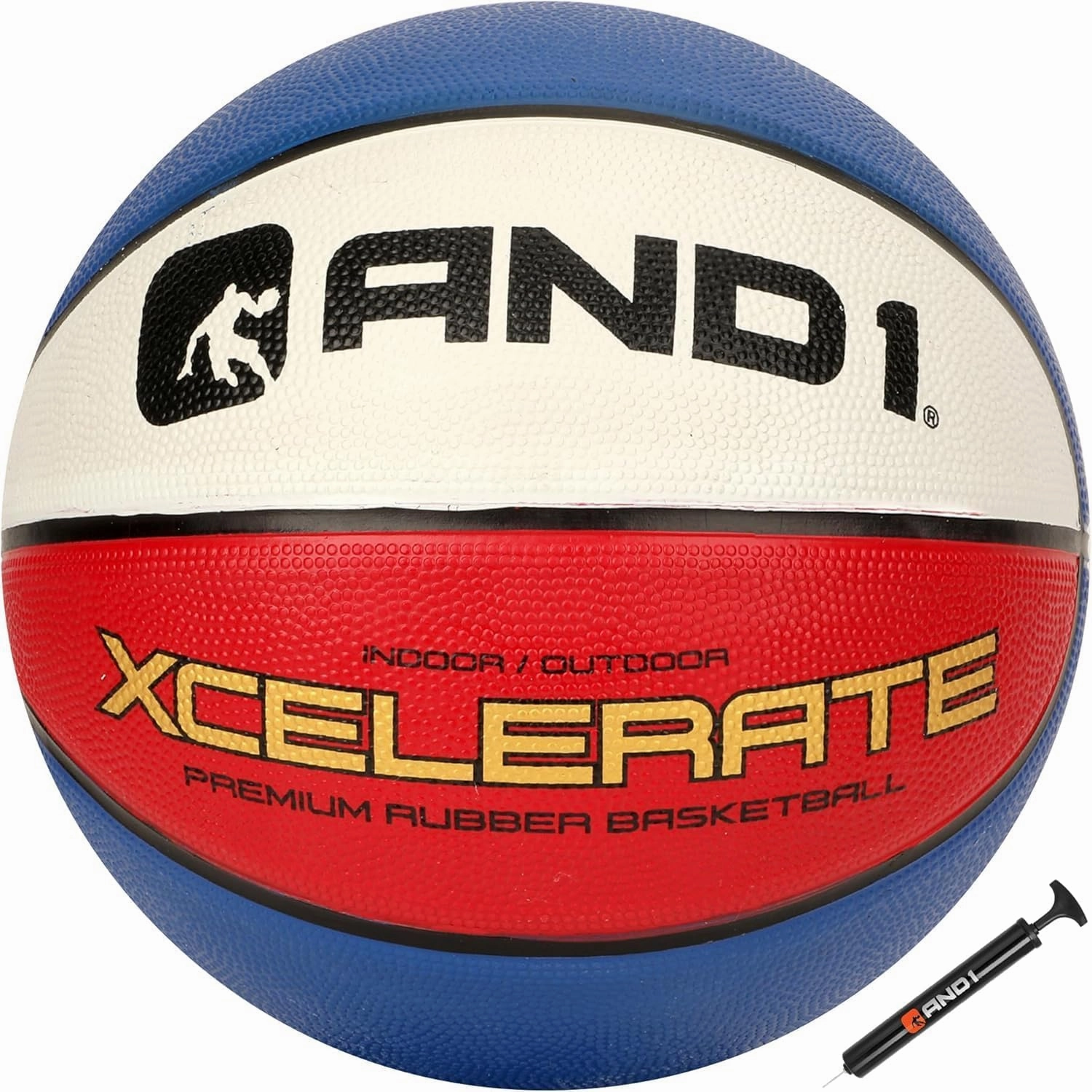 AND1 Xcelerate Rubber Basketball: Official Regulation Size 7 (29.5") - Deep Channel Construction Streetball, Made for Indoor Outdoor