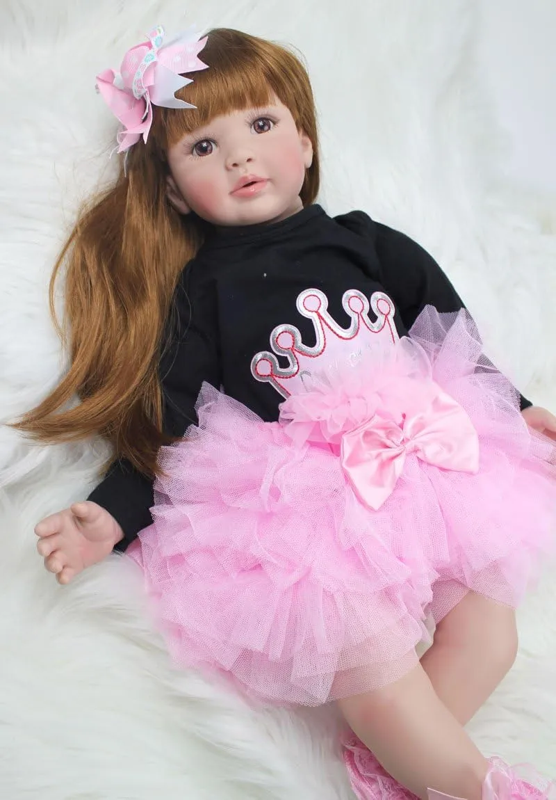 Angelbaby 24 inch Beautiful Long Hair Reborn Toddler Girl Dolls Realistic Silicone Reborns Confortable Touch Weighted Babies with Princess Dress for Kids Play House Toys Adults Collectibles