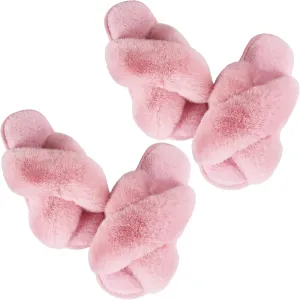 Ankis Women's Plush Slippers with Cross Band, Warm Slippers, 2 Pairs of Memory Foam and Open Toe, Fluffy Slippers for Indoor and Outdoor Use (White, Black, Grey, Pink, Camel)