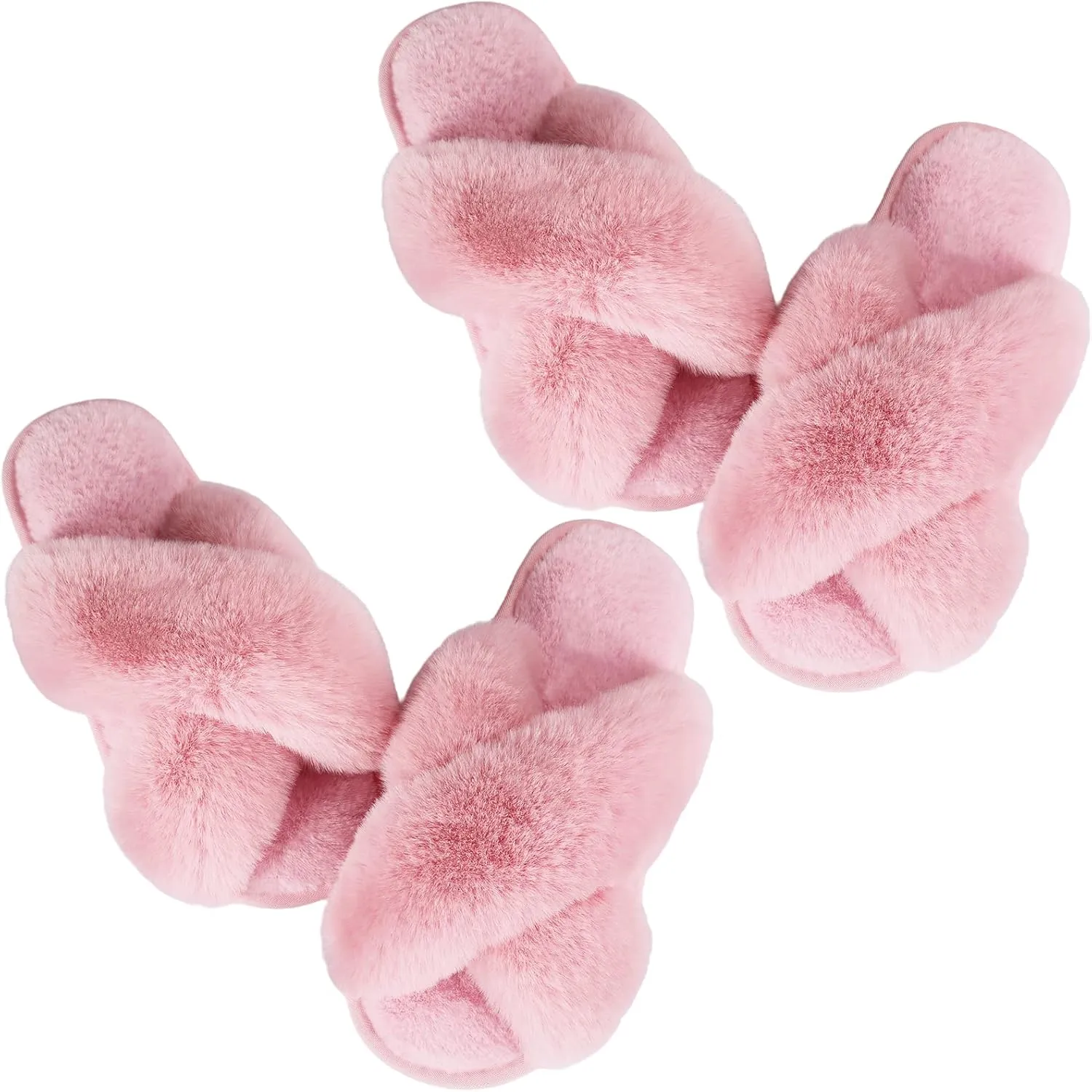 Ankis Women's Plush Slippers with Cross Band, Warm Slippers, 2 Pairs of Memory Foam and Open Toe, Fluffy Slippers for Indoor and Outdoor Use (White, Black, Grey, Pink, Camel)