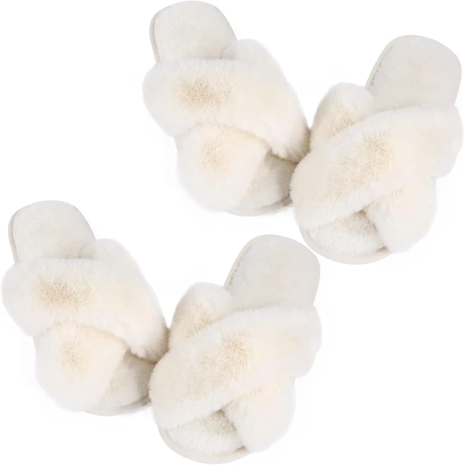 Ankis Women's Plush Slippers with Cross Band, Warm Slippers, 2 Pairs of Memory Foam and Open Toe, Fluffy Slippers for Indoor and Outdoor Use (White, Black, Grey, Pink, Camel)