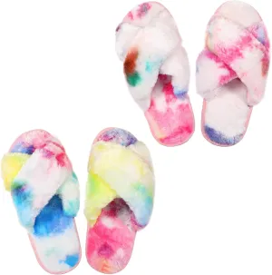 Ankis Women's Plush Slippers with Cross Band, Warm Slippers, 2 Pairs of Memory Foam and Open Toe, Fluffy Slippers for Indoor and Outdoor Use (White, Black, Grey, Pink, Camel)
