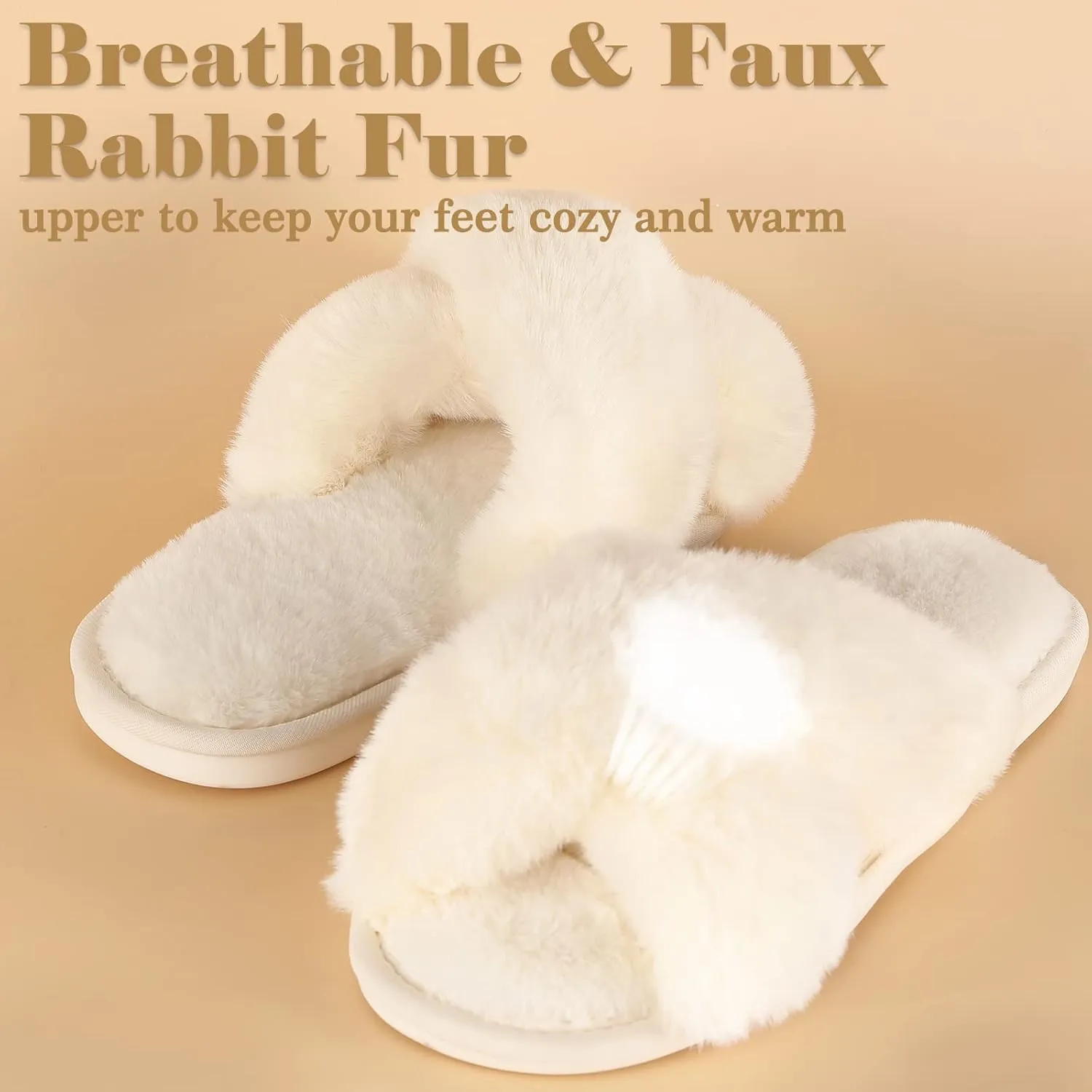 Ankis Women's Plush Slippers with Cross Band, Warm Slippers, 2 Pairs of Memory Foam and Open Toe, Fluffy Slippers for Indoor and Outdoor Use (White, Black, Grey, Pink, Camel)