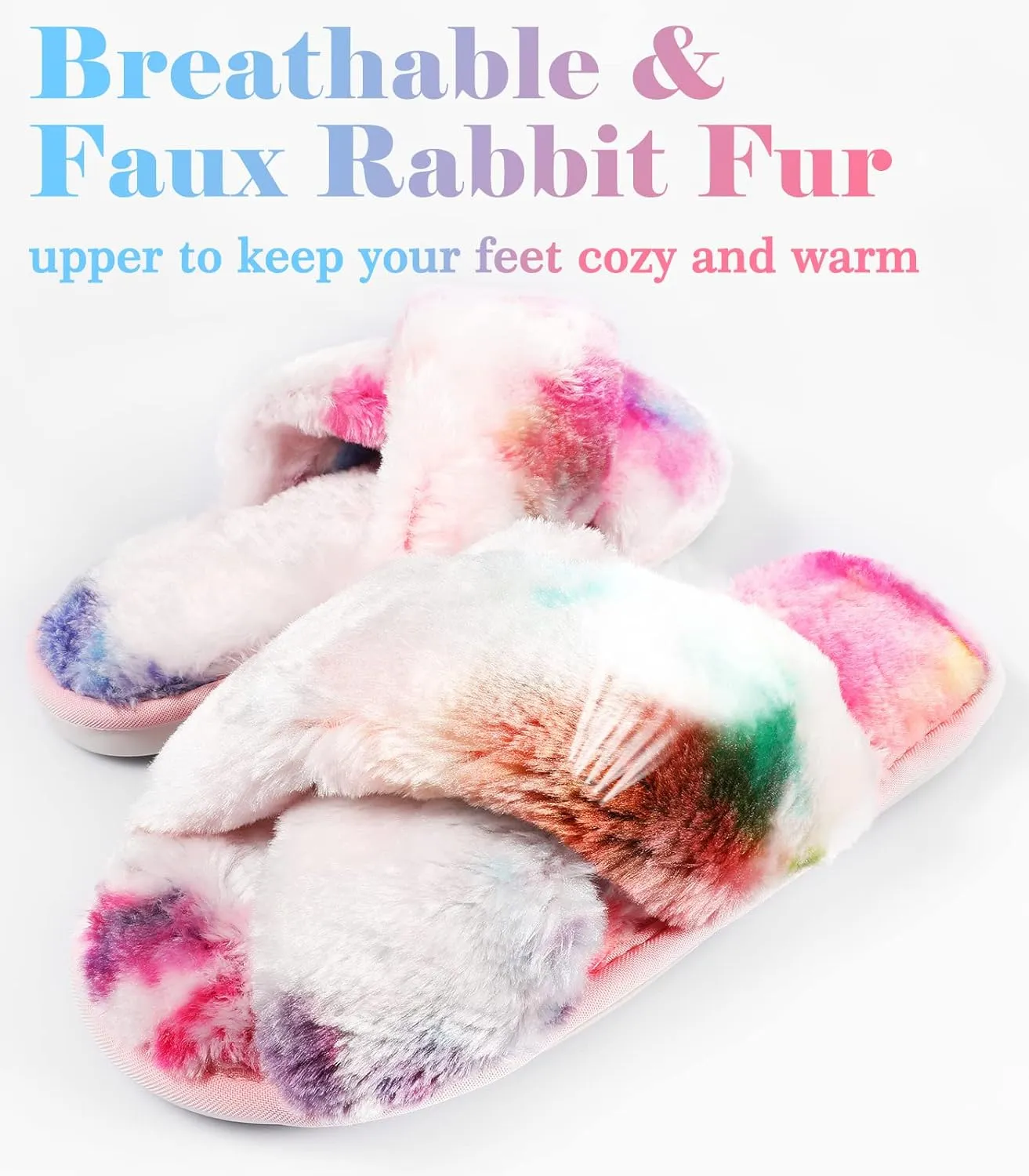 Ankis Women's Plush Slippers with Cross Band, Warm Slippers, 2 Pairs of Memory Foam and Open Toe, Fluffy Slippers for Indoor and Outdoor Use (White, Black, Grey, Pink, Camel)