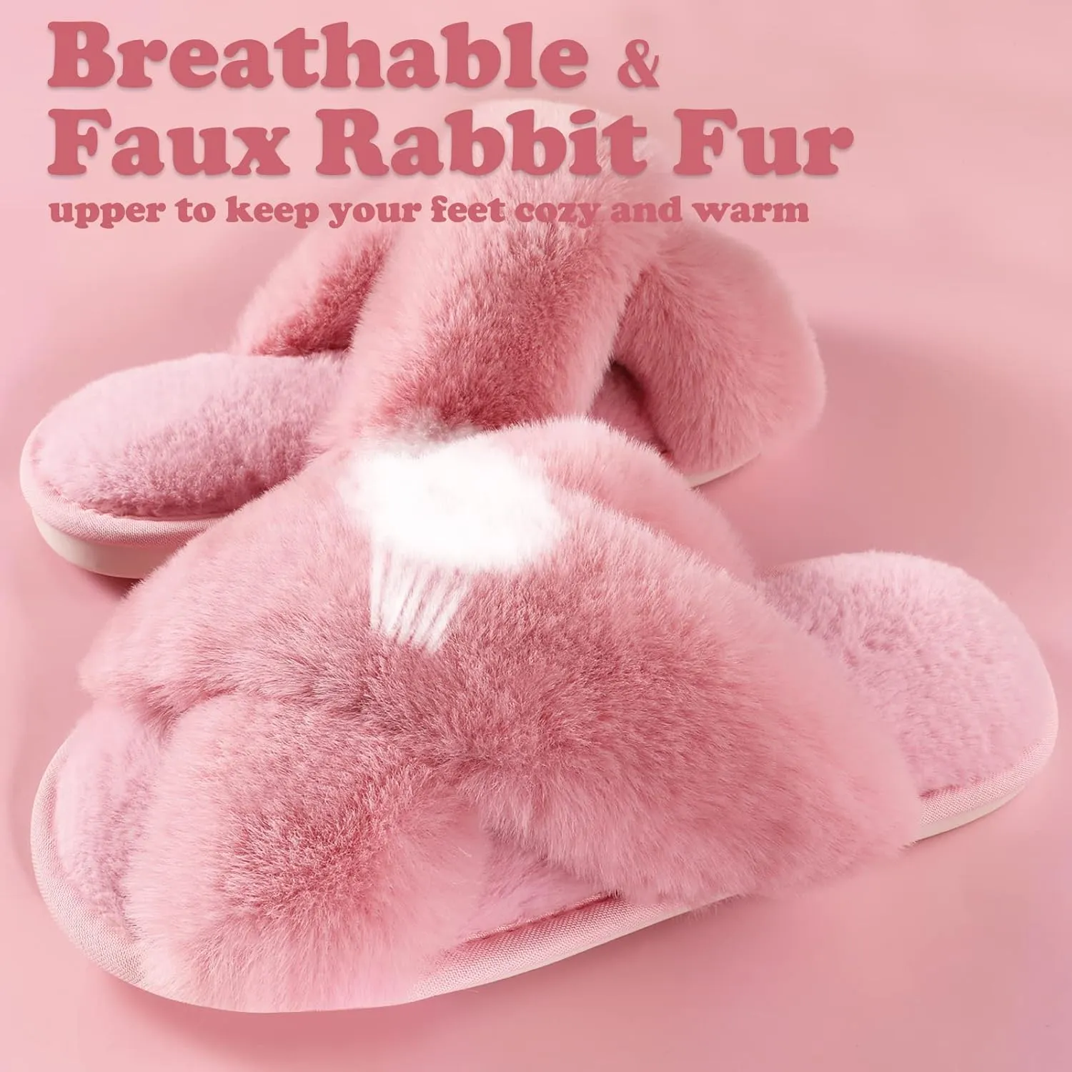 Ankis Women's Plush Slippers with Cross Band, Warm Slippers, 2 Pairs of Memory Foam and Open Toe, Fluffy Slippers for Indoor and Outdoor Use (White, Black, Grey, Pink, Camel)